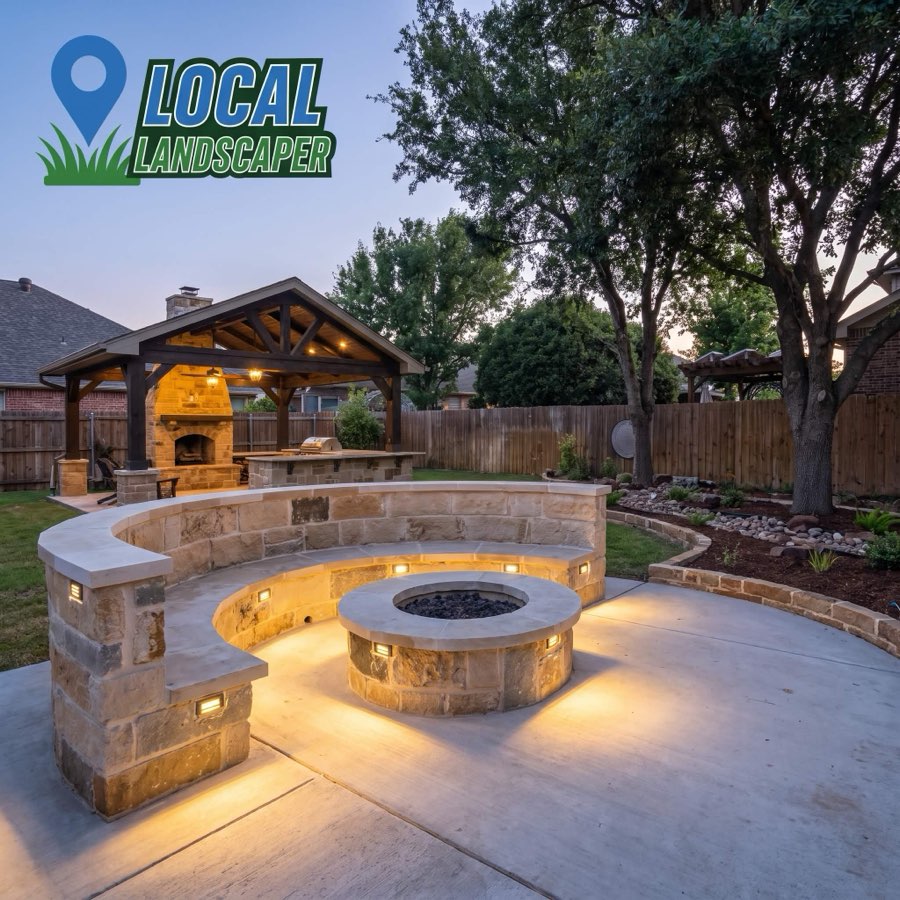 Fire pit seating wall outdoor kitchen DFW Local Landscaper