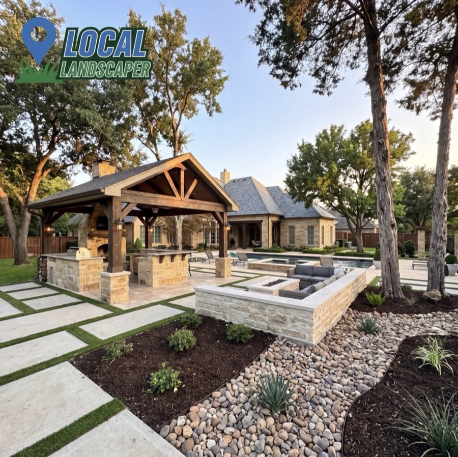 Pavilion outdoor kitchen pool fire pit DFW Local Landscaper