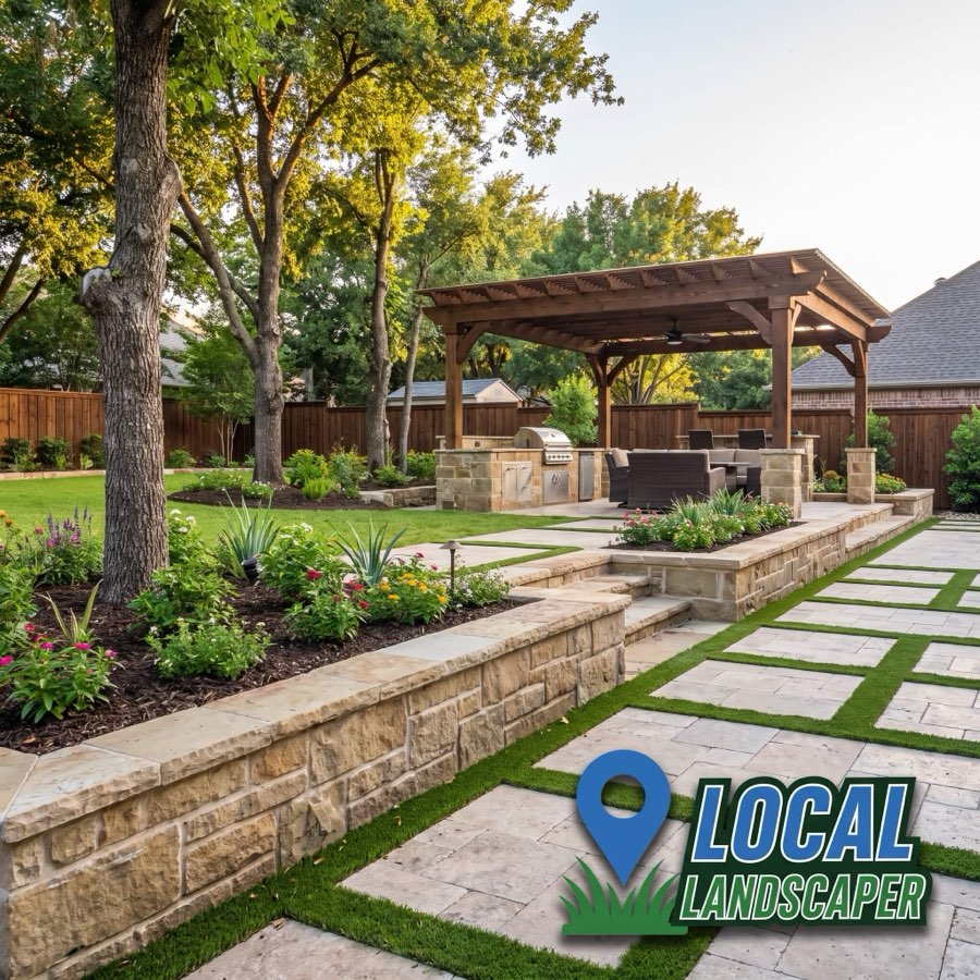 Pergola outdoor kitchen stone retaining wall DFW